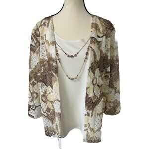 Alfred Dunner Woman’s Size XL One-Piece Shirt Jacket Top Beige Tan Necklace B48